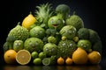 Pile of green vegetables and fruits characters on the reflect table in isolated black background. Generative AI.