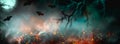 Fantasy Halloween Background. Beautiful dark deep forest backdrop with smoke, fire, vampire bats. Halloween magic holiday collage