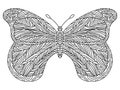 Fantasy hand-drawn butterfly colouring page for adults vector illustration. Royalty Free Stock Photo