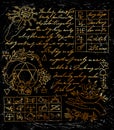 Hand drawn Page with magic spells and mystic drawings from witch book on black background.