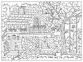 Vector coloring page with beautiful cottage house, trees, flowers and swing in the garden Royalty Free Stock Photo