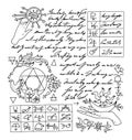 Vector Page with magic spells and mystic drawings from witch book on white background.