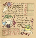 Vector Page with magic spells and mystic drawings from witch book on textured background.