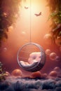 Fantasy hanging chair amidst clouds with butterflies and glowing orbs in a surreal landscape. Dream concept design for Royalty Free Stock Photo