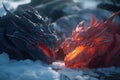 fantasy head dragon half blue ice and orange fire Generative AI