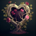 Generative AI: fantasy heart made of roses and tree roots