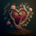 Generative AI: fantasy heart made of roses and tree roots