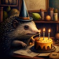 A fantasy hedgehog with a birthday cap sitting behind a table with a birthday cake with three candles on it. Created with Royalty Free Stock Photo