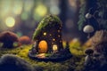 Fantasy home of tiny forest dweller, macro view of fairy tale hut, generative AI