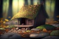 Fantasy home of tiny wood dweller, macro view of fairy tale hut, generative AI