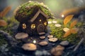 Fantasy home of tiny wood dweller, macro view of fairy tale hut, generative AI