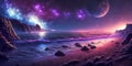 Fantasy horizontal background with seascape. Mystical glowing whimsical seashore, mountain and sand beach