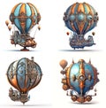 Fantasy hot air balloons collection. Illustration in steampunk style, isolated on white background Royalty Free Stock Photo