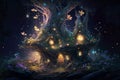 Fantasy house in forest, fairytale home and magic lights at night, illustration, generative AI Royalty Free Stock Photo