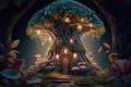 Fantasy house in forest, fairytale home in tree trunk at night, illustration, generative AI