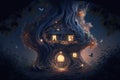 Fantasy house in forest, fairytale hut and fireflies at night, illustration, generative AI Royalty Free Stock Photo