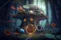 Fantasy house in forest, fairytale hut in mushroom and flowers, illustration, generative AI Royalty Free Stock Photo