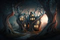 Fantasy house in forest, fairytale surreal hut in trunks of trees, illustration, generative AI Royalty Free Stock Photo