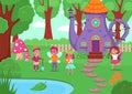 Fantasy house illustration. Little magic teapot home with funny habitants, fabulous forest glade, cute elves and fairies Royalty Free Stock Photo