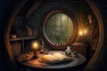 Fantasy house interior, book and candles on table in hobbit home, generative AI Royalty Free Stock Photo