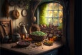 Fantasy house interior, food on table in kitchen at hobbit home, generative AI Royalty Free Stock Photo