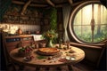 Fantasy house interior, food on table in kitchen at hobbit home, generative AI Royalty Free Stock Photo