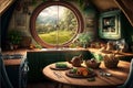 Fantasy house interior, food on table in kitchen at hobbit home, generative AI Royalty Free Stock Photo