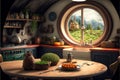 Fantasy house interior, food on table in kitchen at hobbit home, generative AI Royalty Free Stock Photo