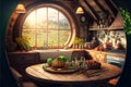 Fantasy house interior in forest, food on table in kitchen inside hobbit hut, generative AI