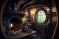Fantasy house interior in forest, lamps and furniture inside of fairy hut, generative AI