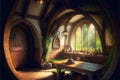 Fantasy house interior in forest, lamps and furniture inside of fairy hut, generative AI