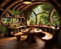 The fantasy house interior has a table in the kitchen and a table in the forest. Royalty Free Stock Photo