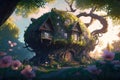 Fantasy house in magic forest, fairytale habitation in tree trunk, generative AI Royalty Free Stock Photo