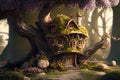 Fantasy house in magic forest, fairytale habitation in tree trunk, generative AI Royalty Free Stock Photo