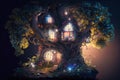 Fantasy house in magic forest at night, fairytale habitation in tree, generative AI Royalty Free Stock Photo