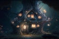 Fantasy house in magic forest at night, fairytale habitation in tree trunk, generative AI Royalty Free Stock Photo