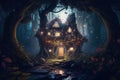 Fantasy house in magic forest at night, fairytale habitation in trees, generative AI Royalty Free Stock Photo