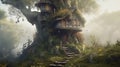 Fantasy house in misty forest, fairy tale hut in tree trunk Royalty Free Stock Photo