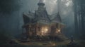 Fantasy house in misty forest, fairy tale hut in tree trunk Royalty Free Stock Photo