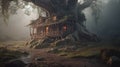 Fantasy house in misty forest, fairy tale hut in tree trunk Royalty Free Stock Photo