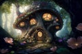 Fantasy house in misty forest, fairy tale hut in tree trunk, illustration, generative AI Royalty Free Stock Photo