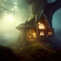 Fantasy house in misty forest, fairy tale hut in tree trunk, Surreal mystical fantasy artwork. Generative AI Royalty Free Stock Photo