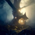 Fantasy house in misty forest, fairy tale hut in tree trunk, Surreal mystical fantasy artwork. Generative AI Royalty Free Stock Photo