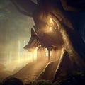 Fantasy house in misty forest, fairy tale hut in tree trunk, Surreal mystical fantasy artwork. Generative AI Royalty Free Stock Photo