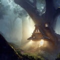 Fantasy house in misty forest, fairy tale hut in tree trunk, Surreal mystical fantasy artwork. Generative AI Royalty Free Stock Photo