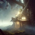 Fantasy house in misty forest, fairy tale hut in tree trunk, Surreal mystical fantasy artwork. Generative AI Royalty Free Stock Photo