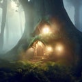 Fantasy house in misty forest, fairy tale hut in tree trunk, Surreal mystical fantasy artwork. Generative AI Royalty Free Stock Photo