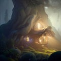 Fantasy house in misty forest, fairy tale hut in tree trunk, Surreal mystical fantasy artwork. Generative AI Royalty Free Stock Photo