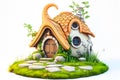 A fantasy house with a thatched roof, round door, and a stone chimney Royalty Free Stock Photo