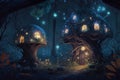 Fantasy houses in dark forest, fairytale huts at night, illustration, generative AI Royalty Free Stock Photo